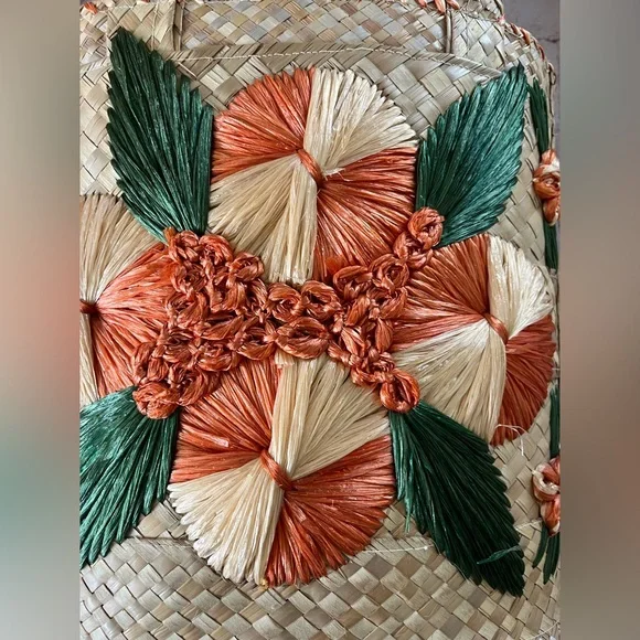 Vintage MCM Bahamian Straw Raffia Lined Tote Bag With Flowers - Picture 3 of 9